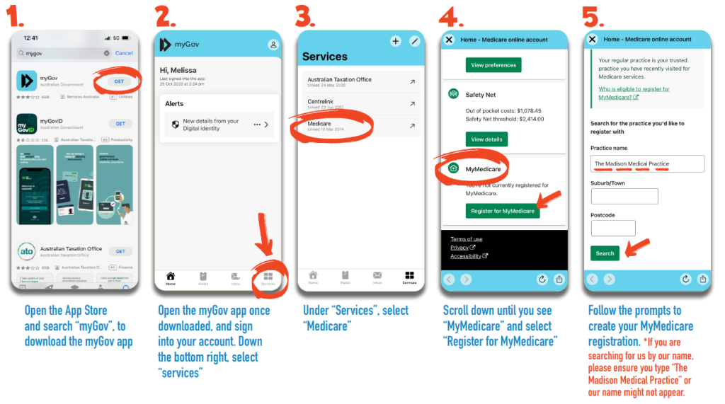 Step-by-step screenshots showing how to generate and send an eScript token by SMS from MedAdvisor